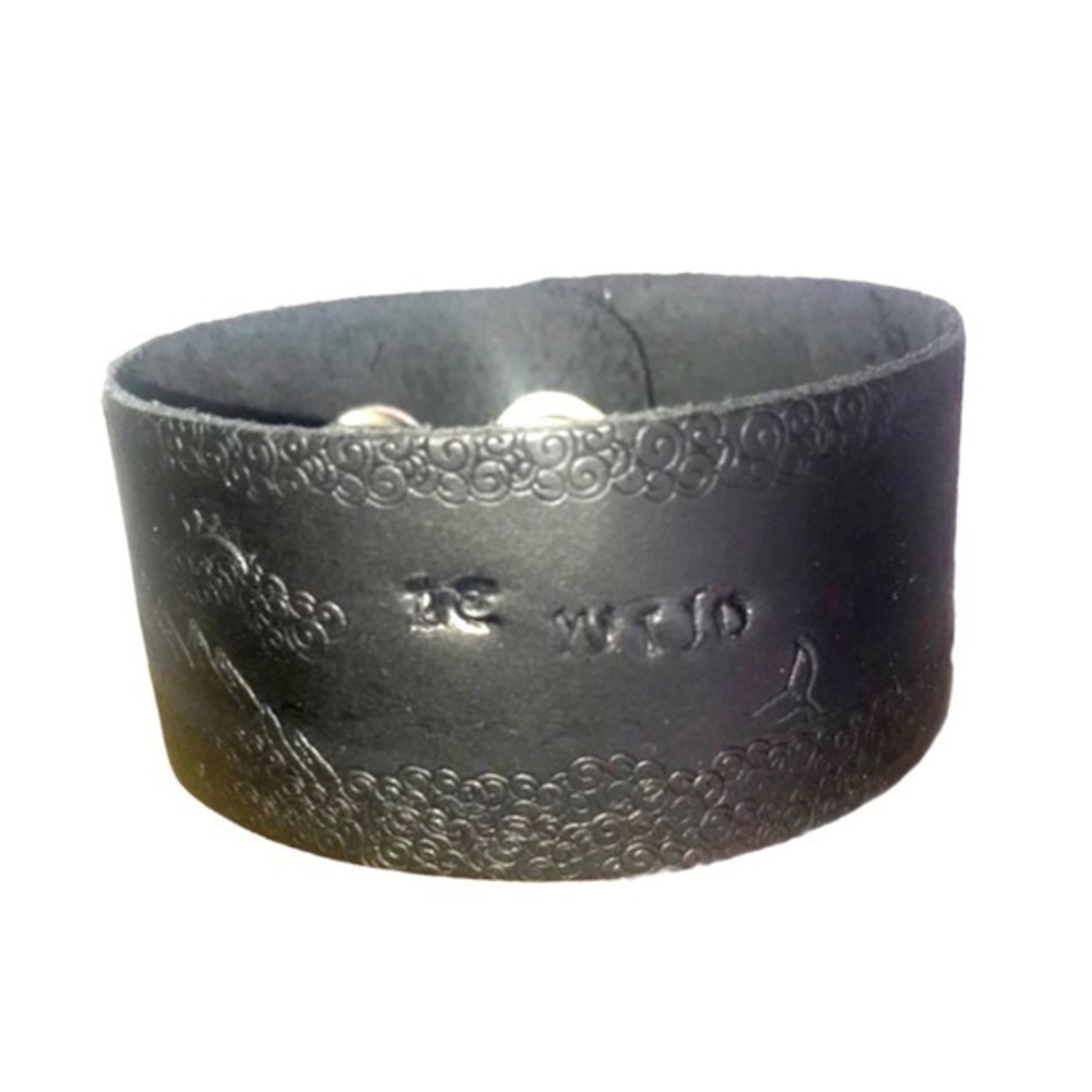 Handmade boho tooled black leather‎ “be wild” scene adjustable cuff bracelet